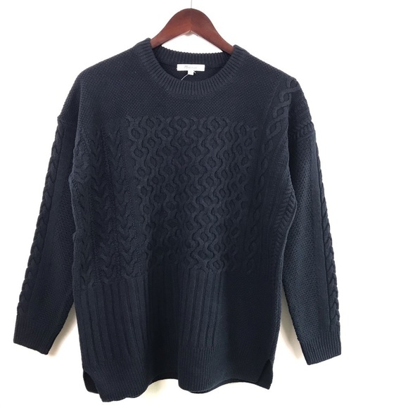 Madewell Patchwork Cable Knit Tunic Sweater Women’s Size M Navy Chunky - Picture 3 of 8